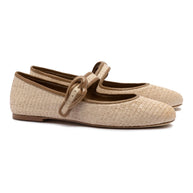 Larroude Verona Ballet Flat In Natural Raffia And Hazelnut Trimming