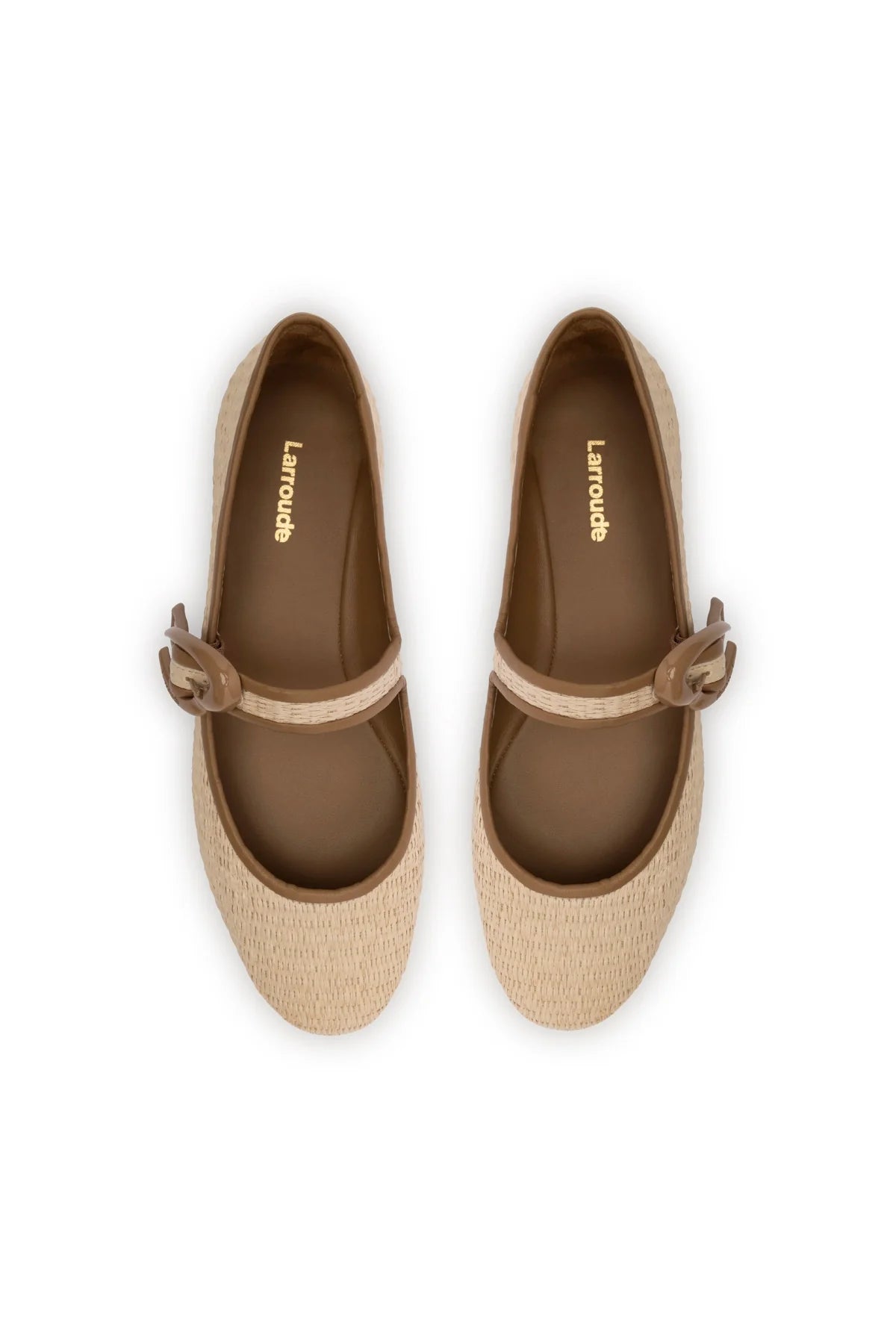 Larroude Verona Ballet Flat In Natural Raffia And Hazelnut Trimming