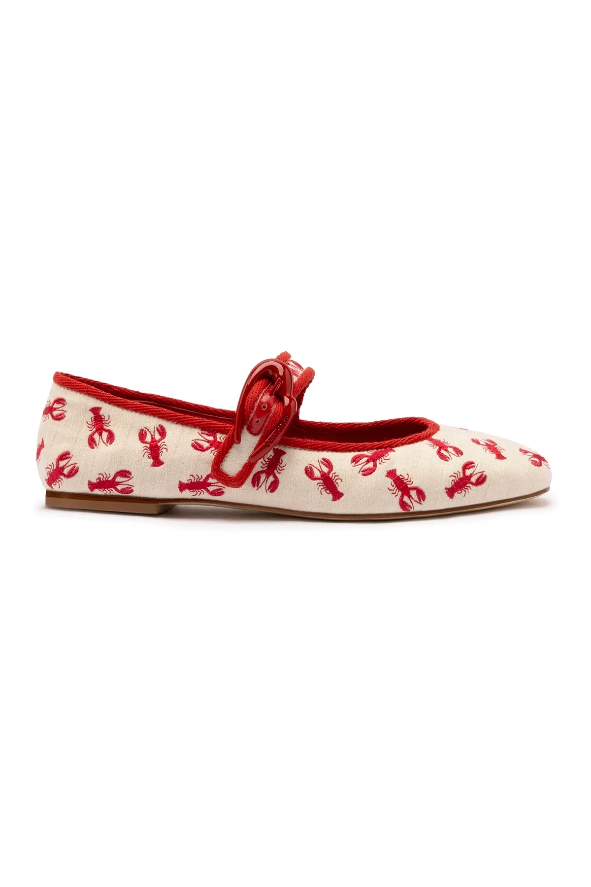 Larroude Verona Ballet Flat In White Striped Fabric And Lobster Embroidery