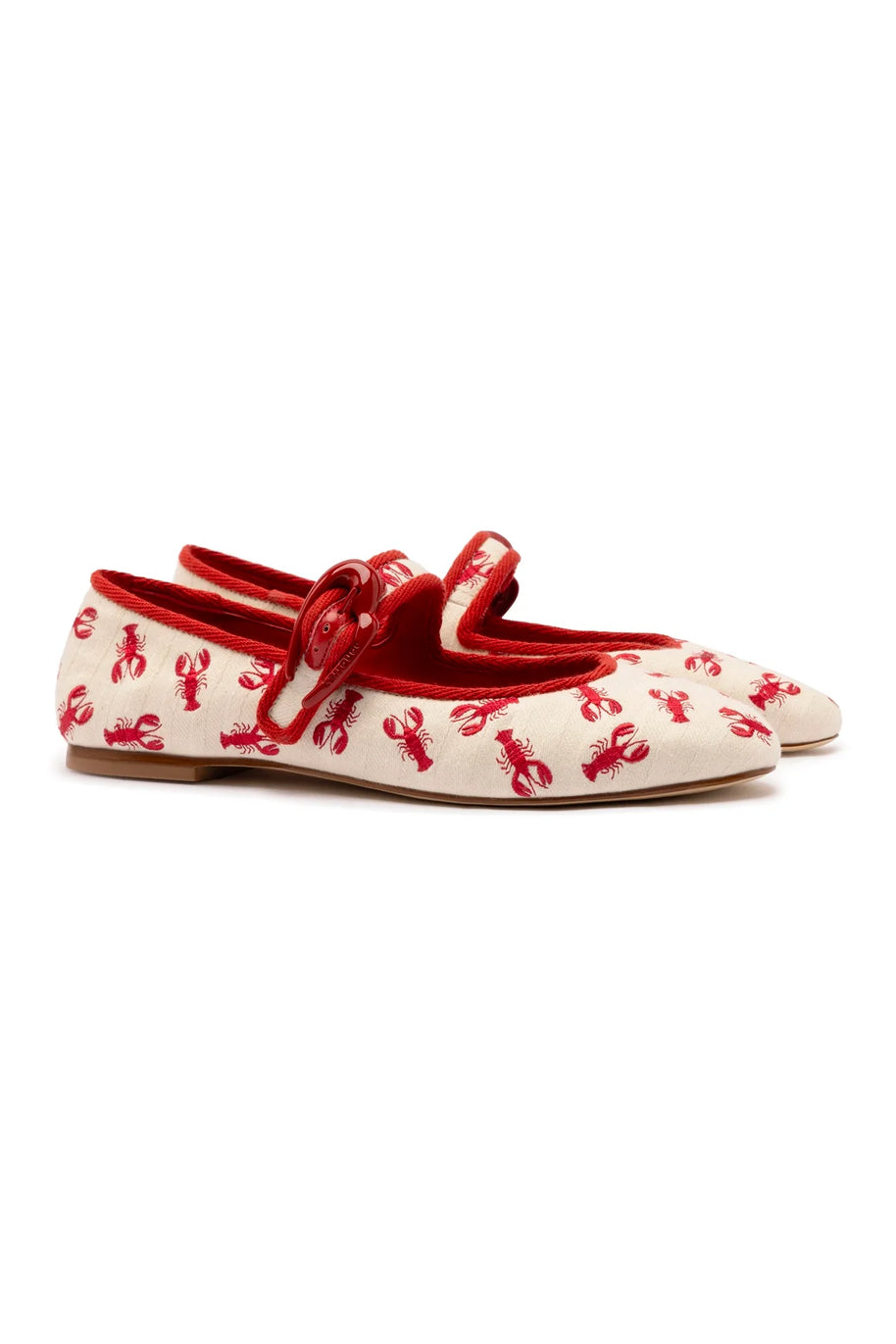 Larroude Verona Ballet Flat In White Striped Fabric And Lobster Embroidery