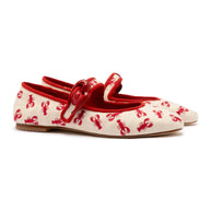 Larroude Verona Ballet Flat In White Striped Fabric And Lobster Embroidery