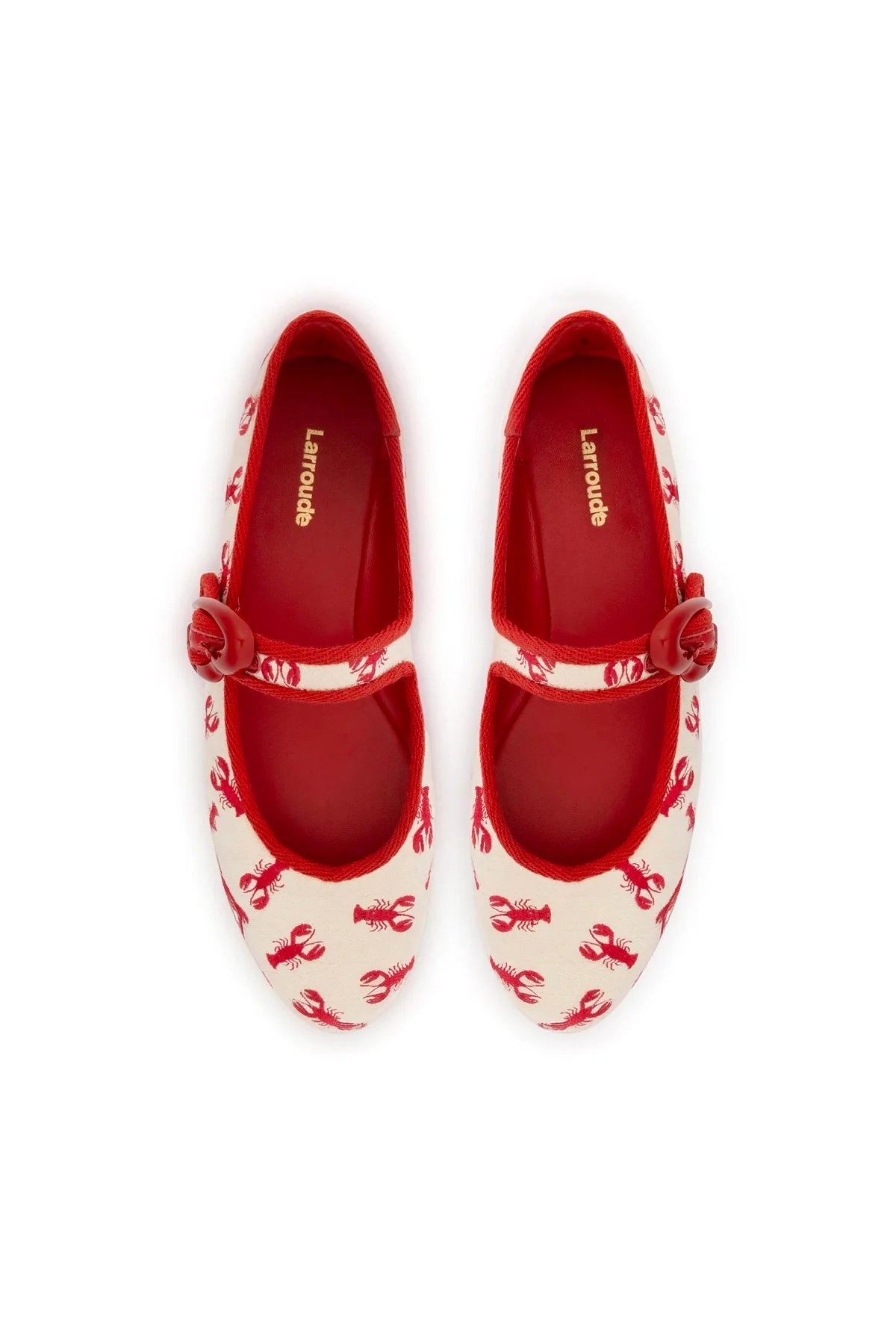 Larroude Verona Ballet Flat In White Striped Fabric And Lobster Embroidery