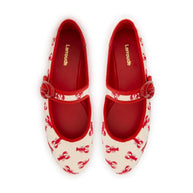 Larroude Verona Ballet Flat In White Striped Fabric And Lobster Embroidery