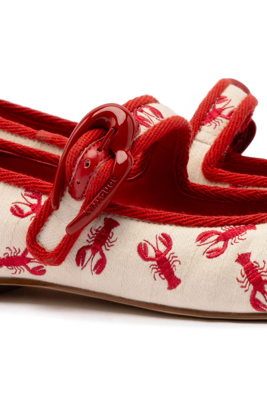 Larroude Verona Ballet Flat In White Striped Fabric And Lobster Embroidery