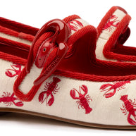 Larroude Verona Ballet Flat In White Striped Fabric And Lobster Embroidery