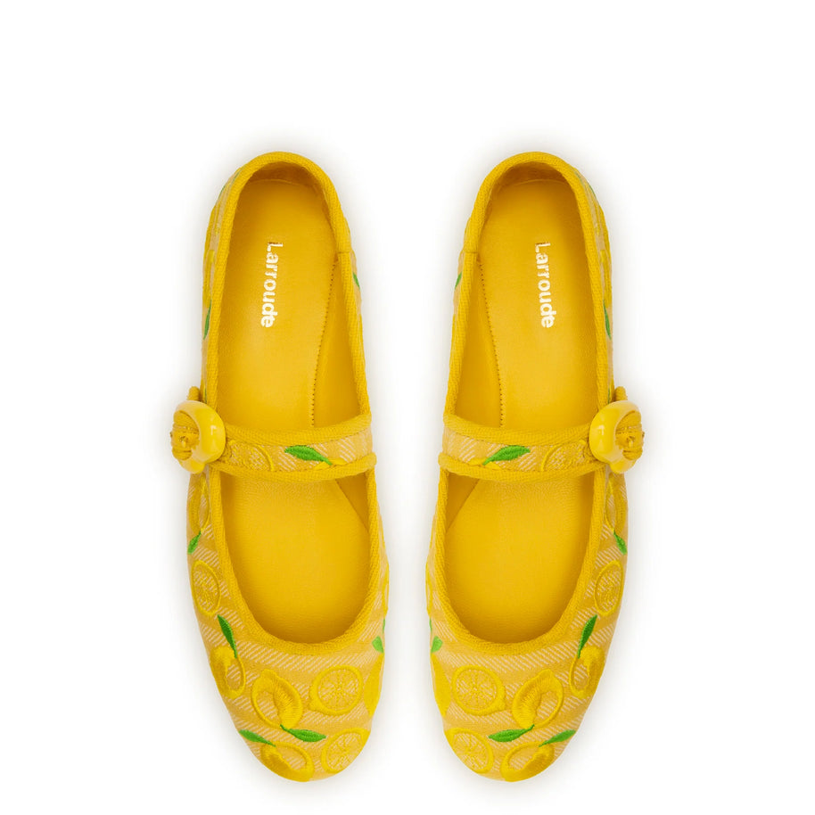 Larroude Verona Ballet Flat In Sunrise Striped Fabric And Sicilian Lemon Embroidery