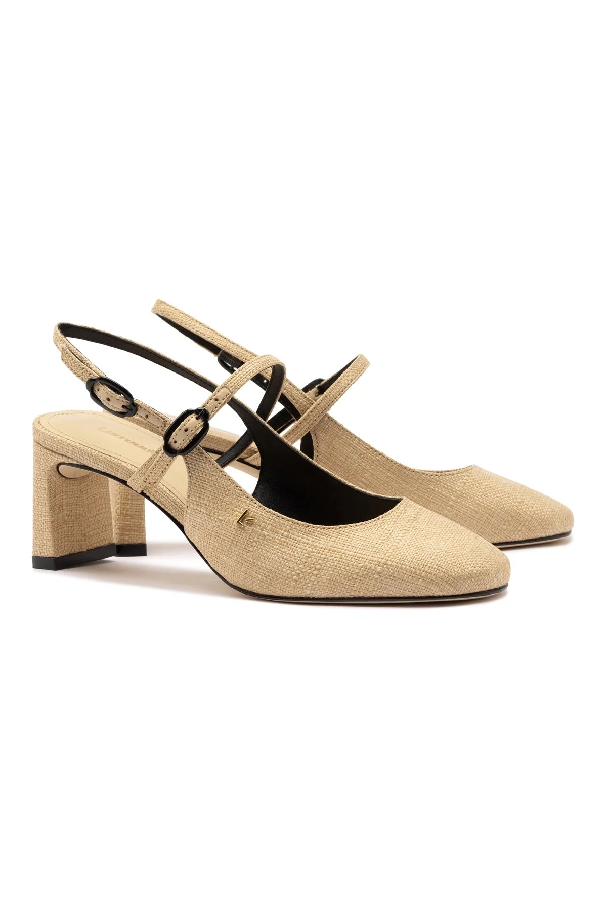 Larroude Georgina Pump In Beige Raffia and Black Trimming