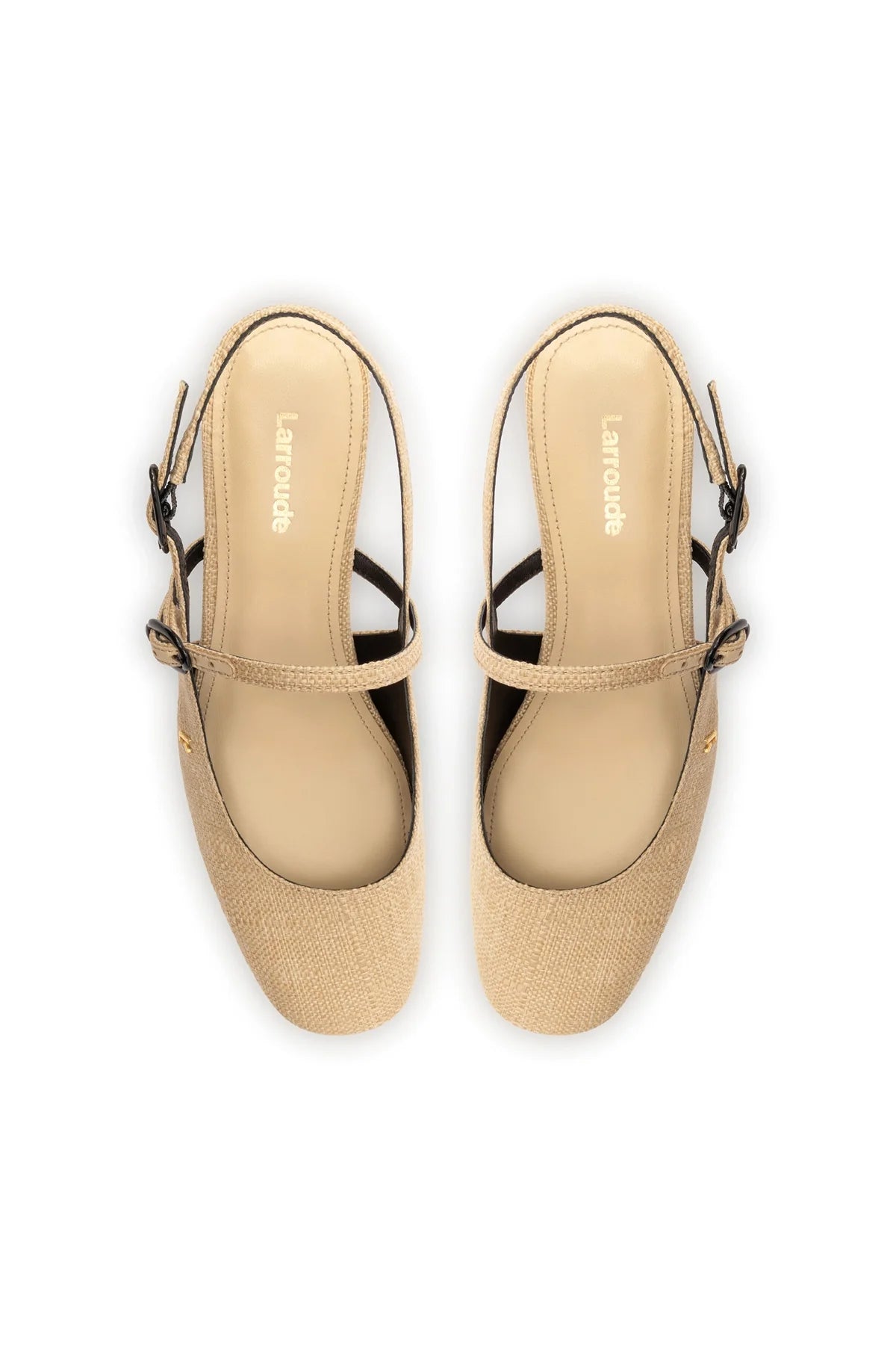 Larroude Georgina Pump In Beige Raffia and Black Trimming