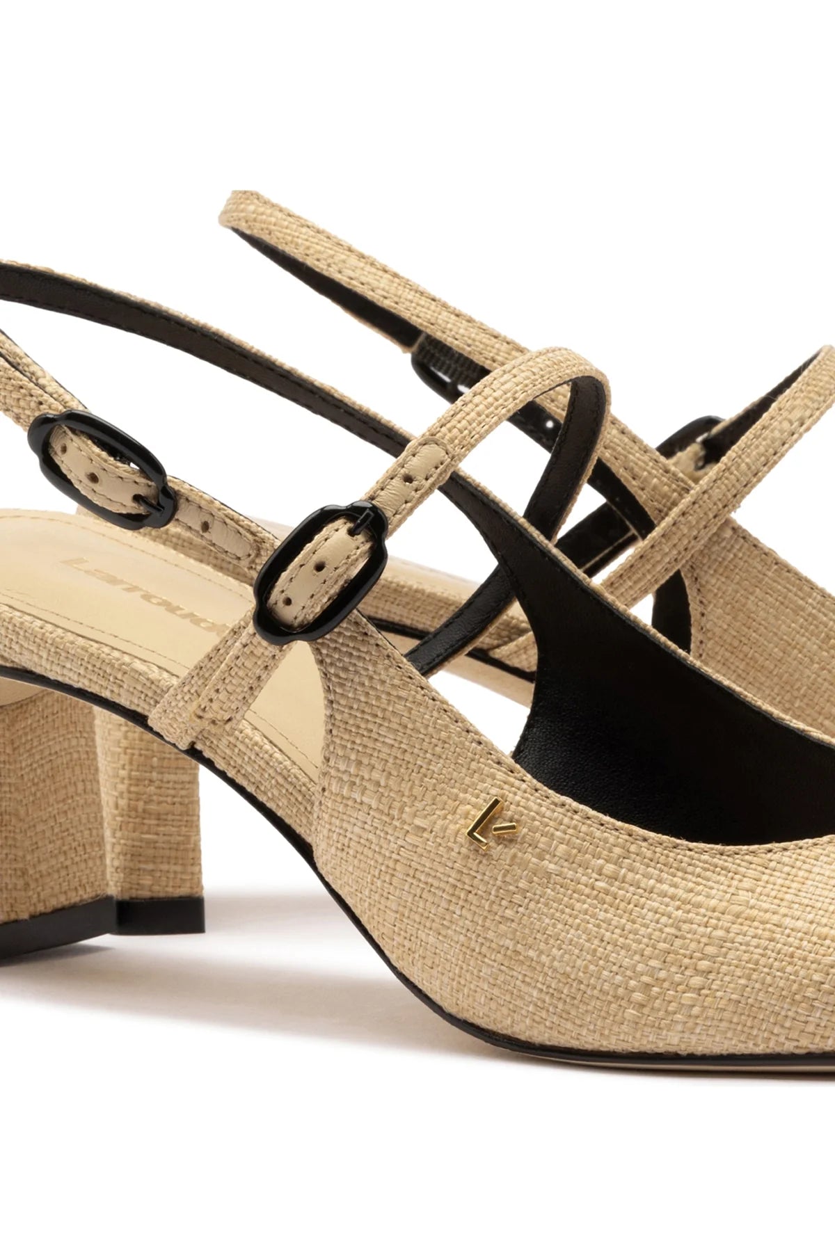 Larroude Georgina Pump In Beige Raffia and Black Trimming