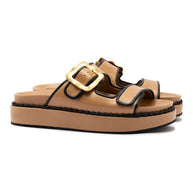 Larroude Maui Slide In Hazelnut Leather And Black Trimming