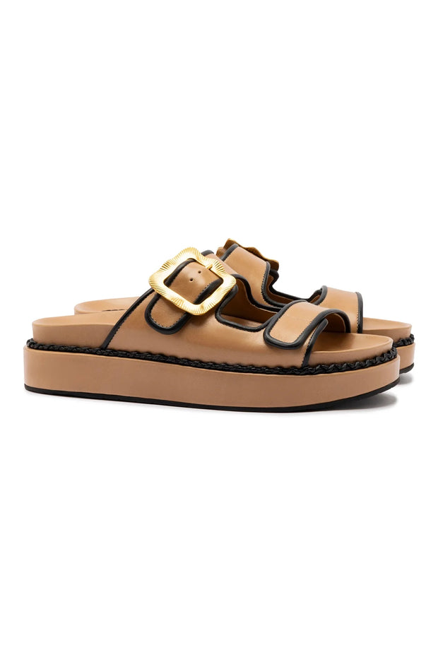Larroude Maui Slide In Hazelnut Leather And Black Trimming