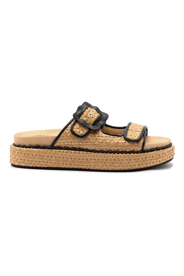 Larroude Maui Slide In Tapestry Natural Raffia and Black Trimming