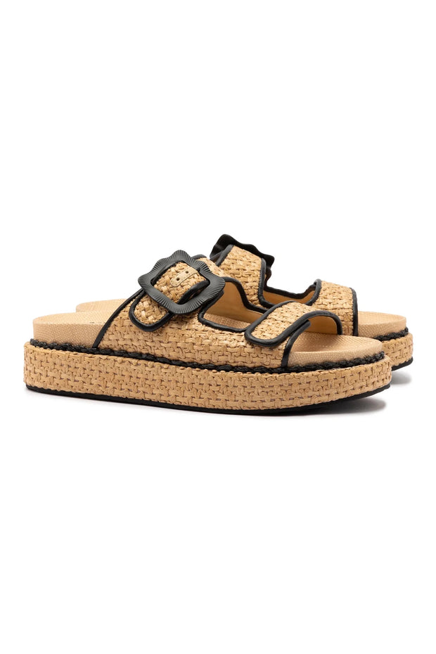 Larroude Maui Slide In Tapestry Natural Raffia and Black Trimming