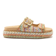 Larroude Maui Slide In Tapestry Rainbow Raffia And Beige Trimming