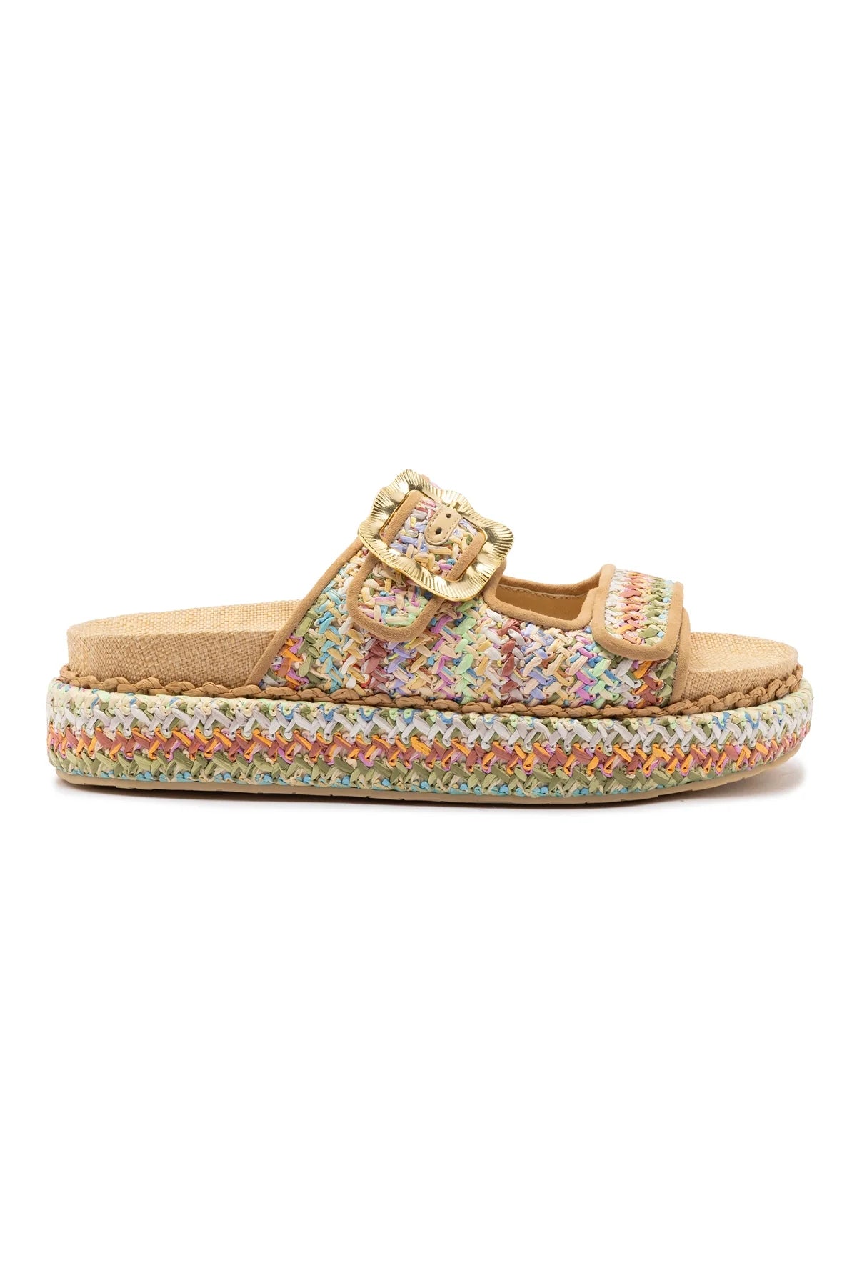 Larroude Maui Slide In Tapestry Rainbow Raffia And Beige Trimming
