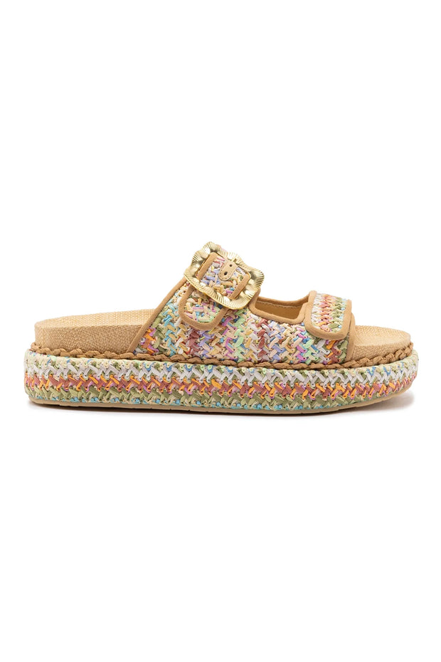 Larroude Maui Slide In Tapestry Rainbow Raffia And Beige Trimming
