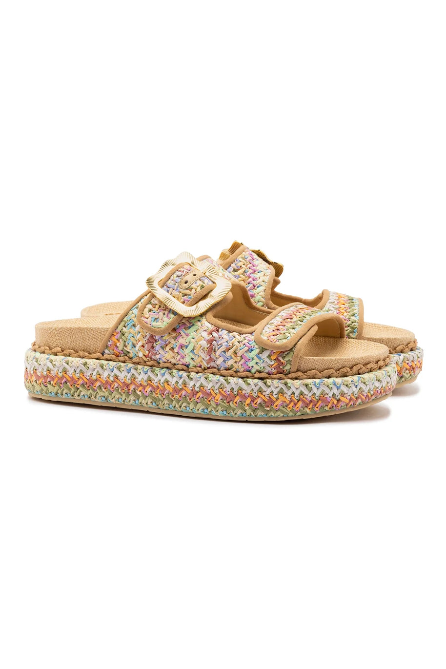 Larroude Maui Slide In Tapestry Rainbow Raffia And Beige Trimming