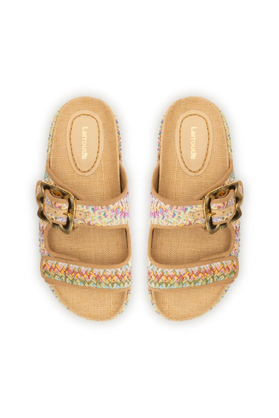 Larroude Maui Slide In Tapestry Rainbow Raffia And Beige Trimming