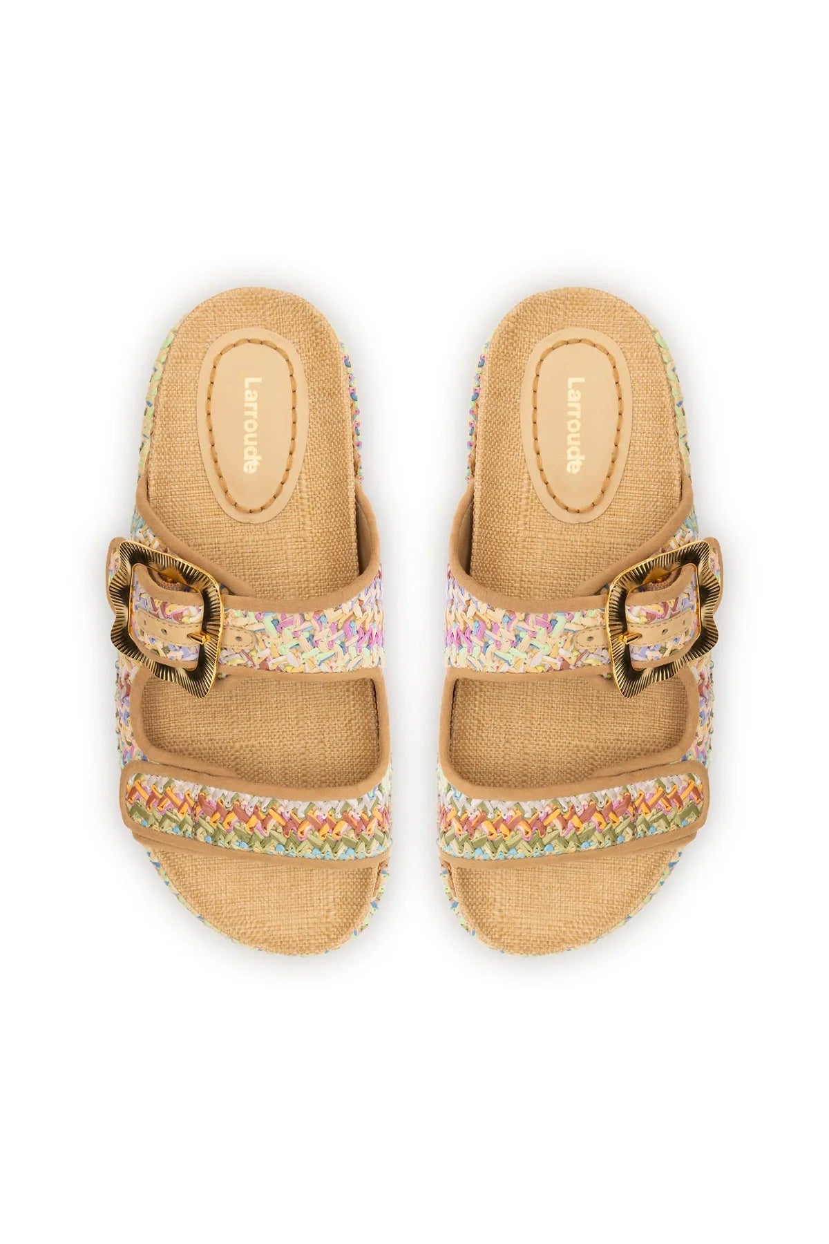 Larroude Maui Slide In Tapestry Rainbow Raffia And Beige Trimming
