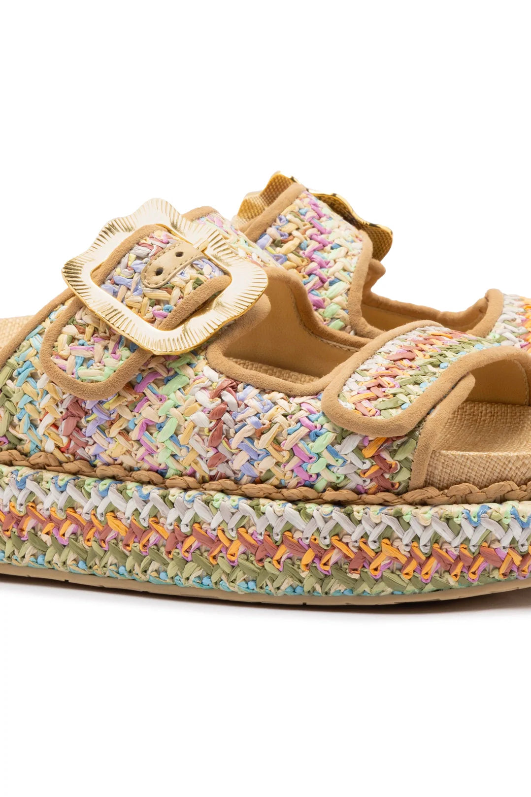 Larroude Maui Slide In Tapestry Rainbow Raffia And Beige Trimming