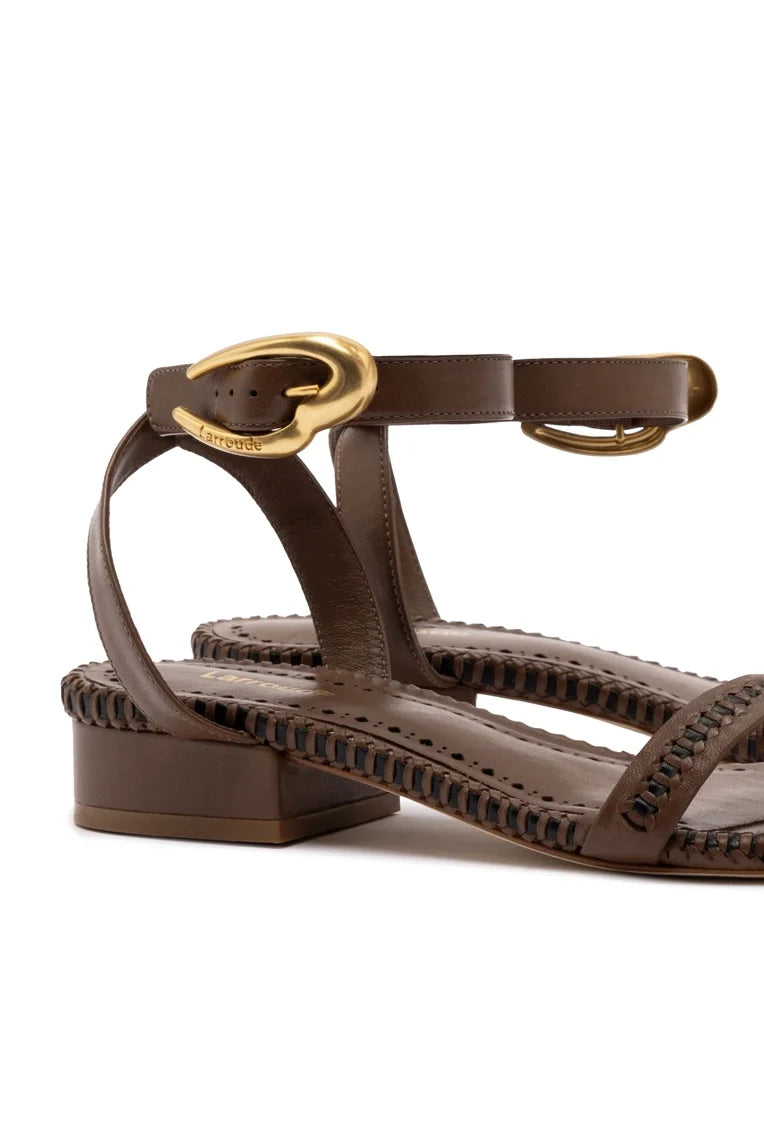 Larroude Verona Flat Sandal In Burnt Umber Leather