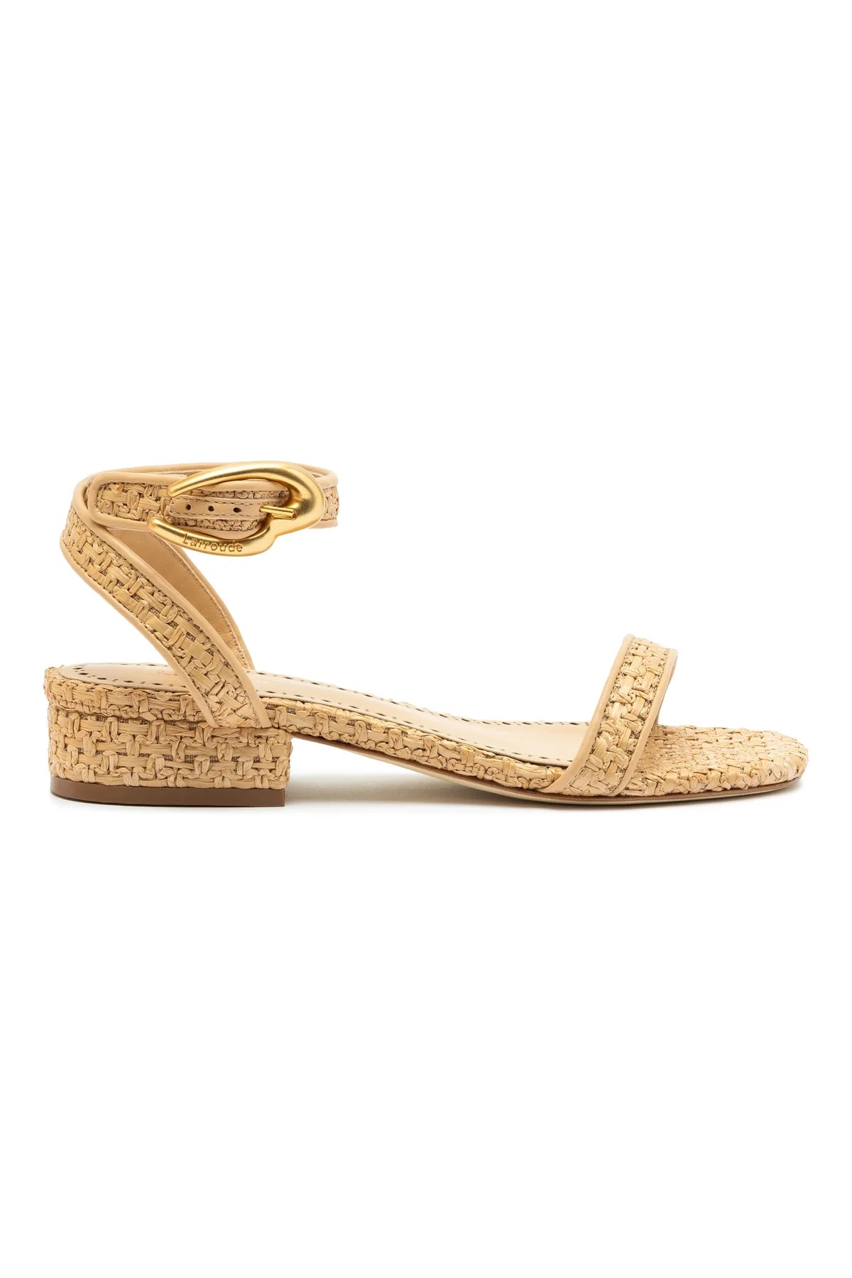 Larroude Verona Flat Sandal In Beige Leather And Natural Raffia