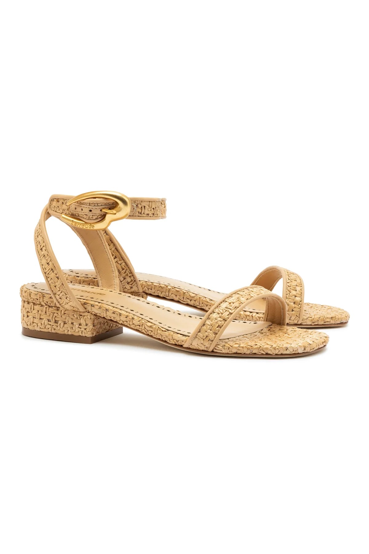 Larroude Verona Flat Sandal In Beige Leather And Natural Raffia
