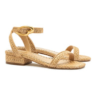 Larroude Verona Flat Sandal In Beige Leather And Natural Raffia