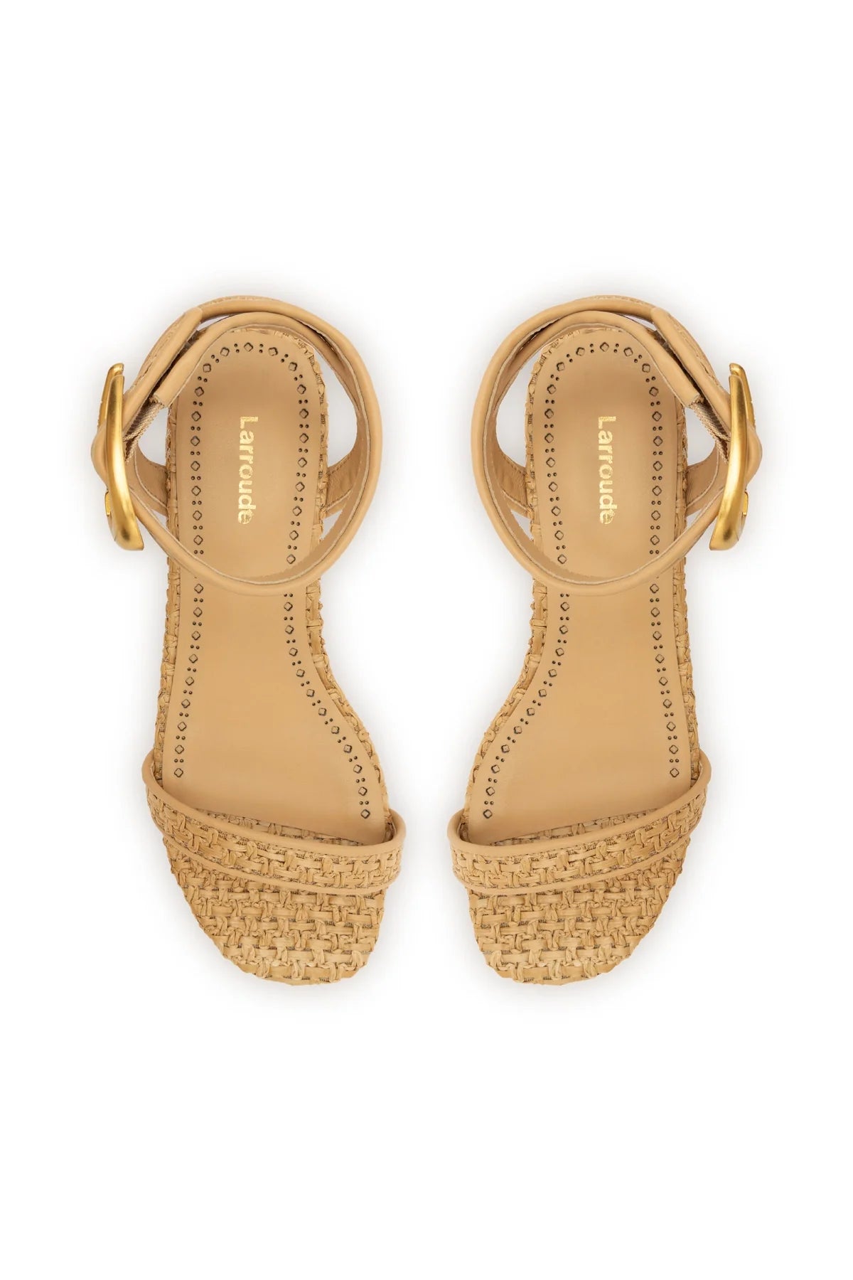 Larroude Verona Flat Sandal In Beige Leather And Natural Raffia