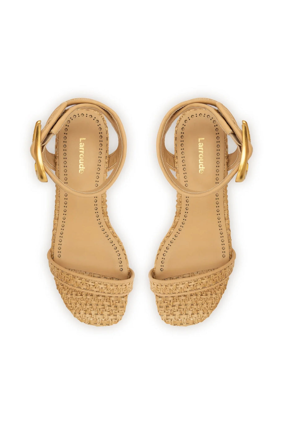 Larroude Verona Flat Sandal In Beige Leather And Natural Raffia