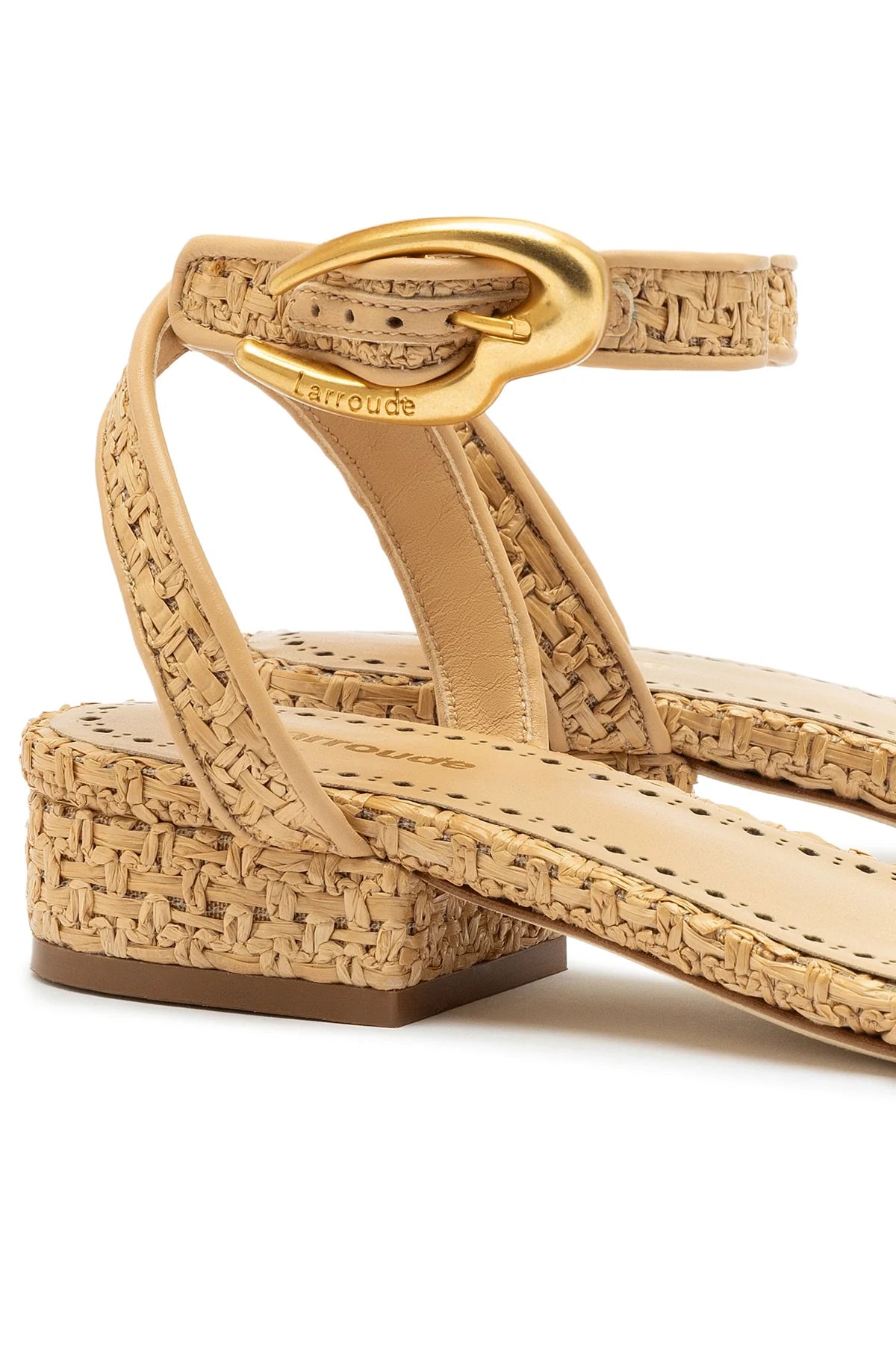 Larroude Verona Flat Sandal In Beige Leather And Natural Raffia