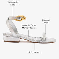 Larroude Verona Flat Sandal In Silver Metallic Leather