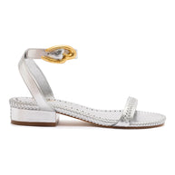 Larroude Verona Flat Sandal In Silver Metallic Leather