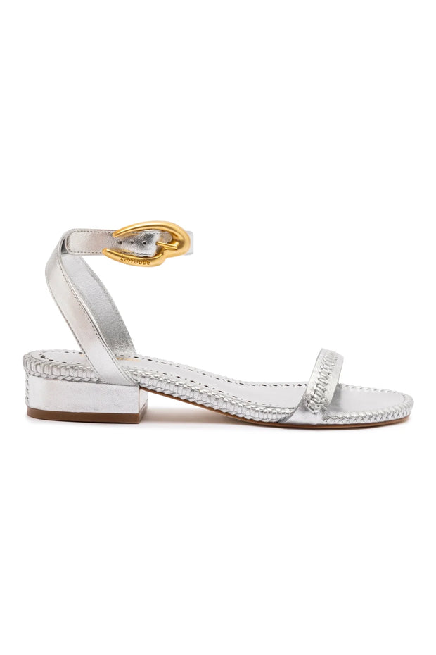 Larroude Verona Flat Sandal In Silver Metallic Leather