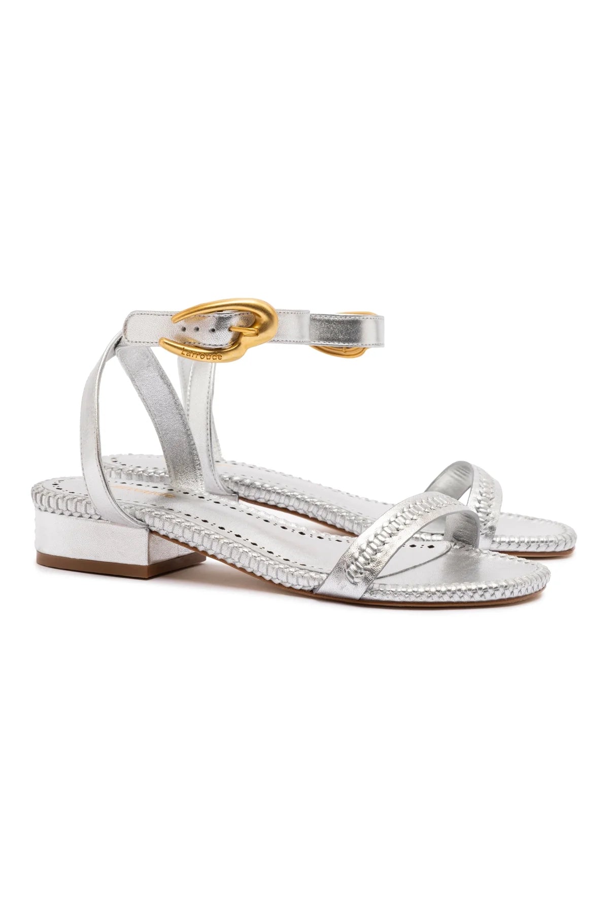 Larroude Verona Flat Sandal In Silver Metallic Leather