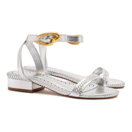 Larroude Verona Flat Sandal In Silver Metallic Leather