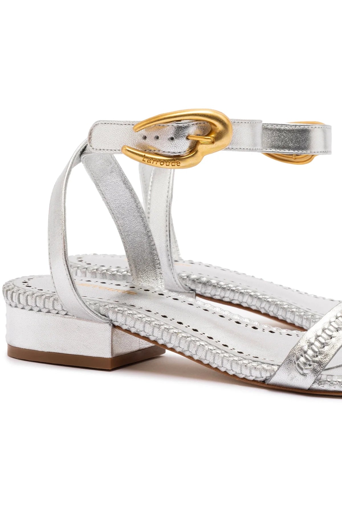 Larroude Verona Flat Sandal In Silver Metallic Leather