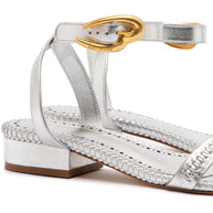 Larroude Verona Flat Sandal In Silver Metallic Leather