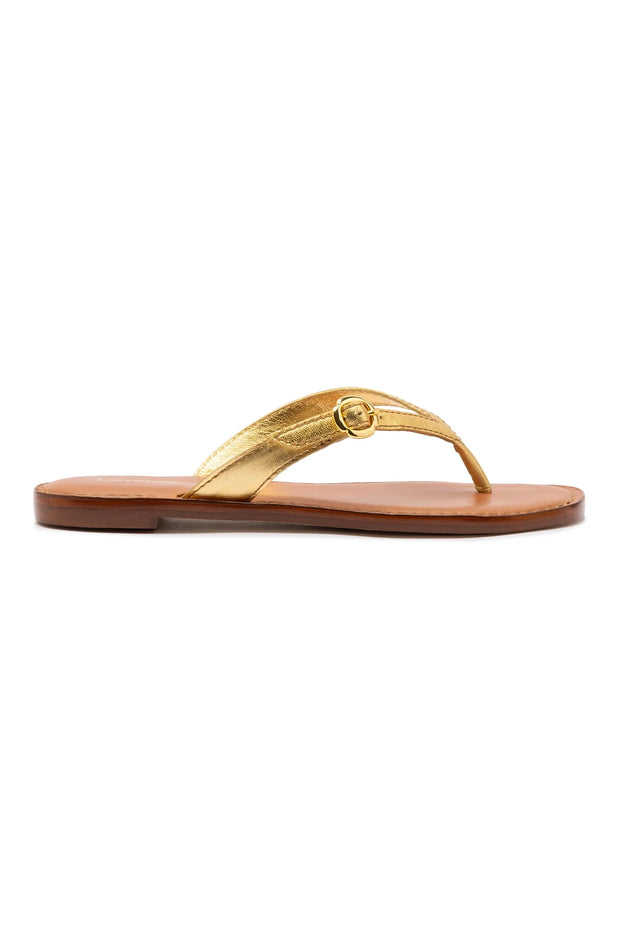 Larroude Mary Kate Flat Sandal In Gold Metallic Leather