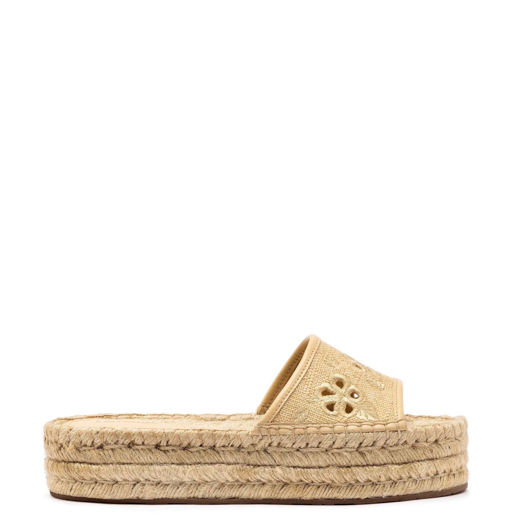 Larroude Letizia Espadrille Flatform In Beige Raffia And Hibiscus Broderie