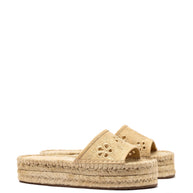 Larroude Letizia Espadrille Flatform In Beige Raffia And Hibiscus Broderie