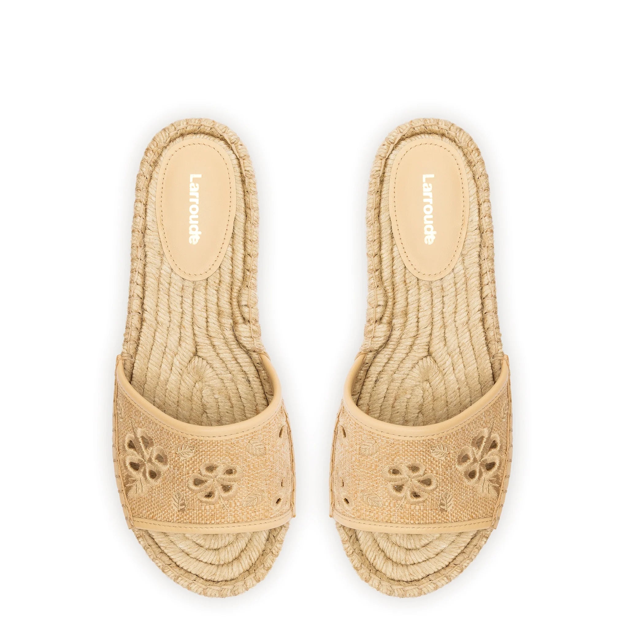 Larroude Letizia Espadrille Flatform In Beige Raffia And Hibiscus Broderie