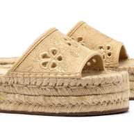 Larroude Letizia Espadrille Flatform In Beige Raffia And Hibiscus Broderie