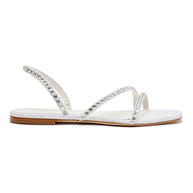 Larroude Vicky Flat Sandal In White Fabric and Crystals
