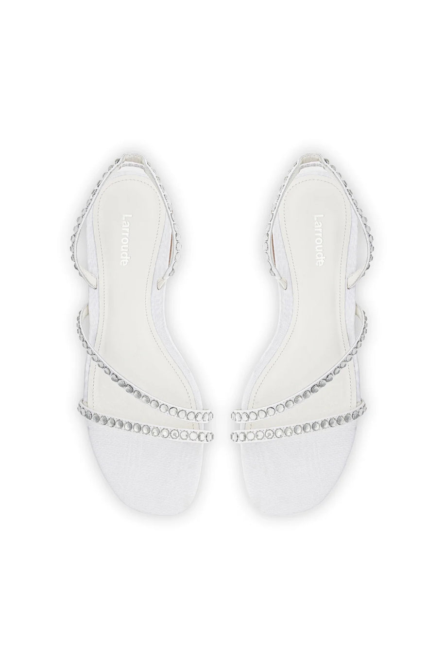 Larroude Vicky Flat Sandal In White Fabric and Crystals