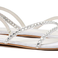 Larroude Vicky Flat Sandal In White Fabric and Crystals