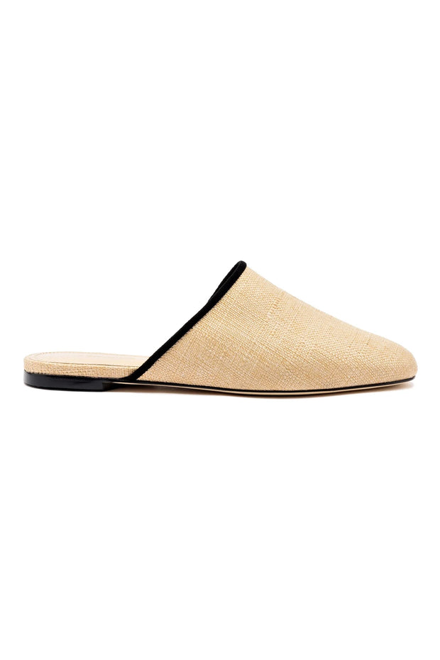 Larroude Venice Flat Mule In Beige Raffia and Black Trimming