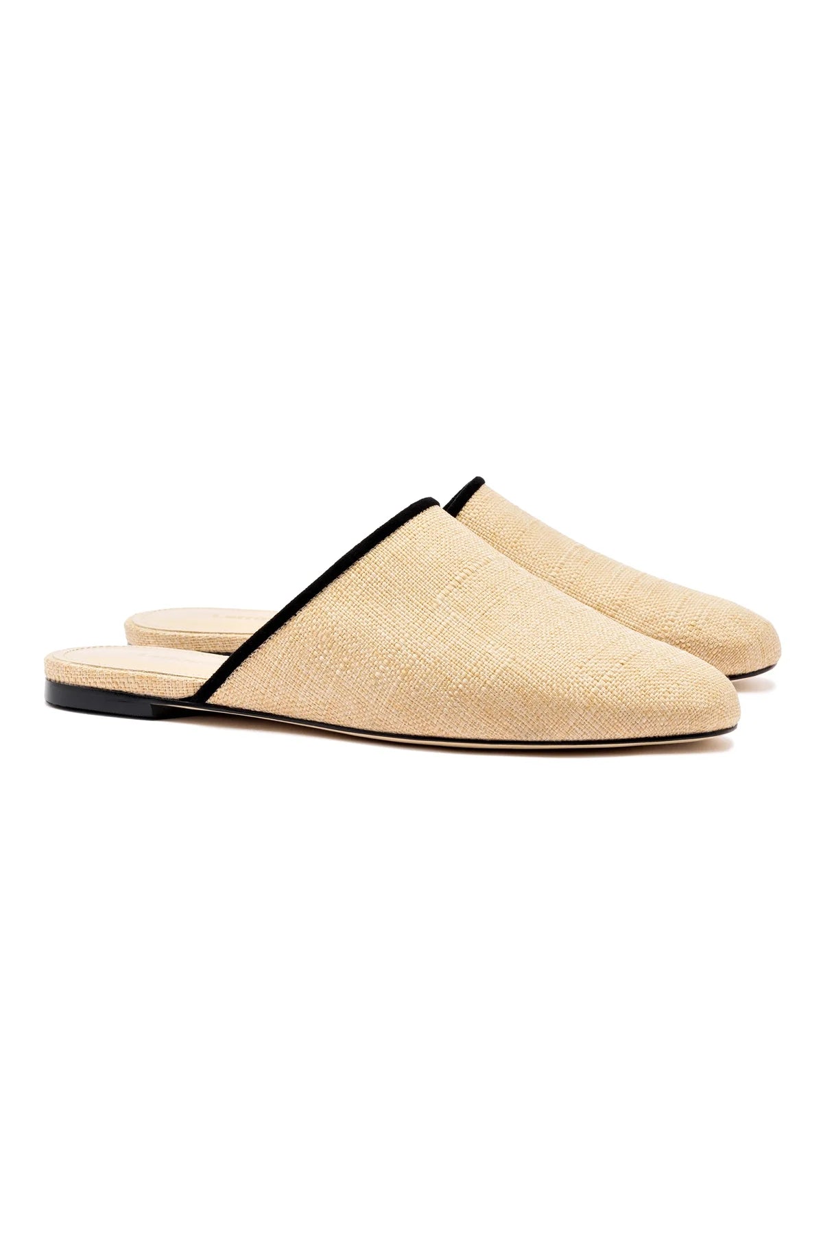 Larroude Venice Flat Mule In Beige Raffia and Black Trimming