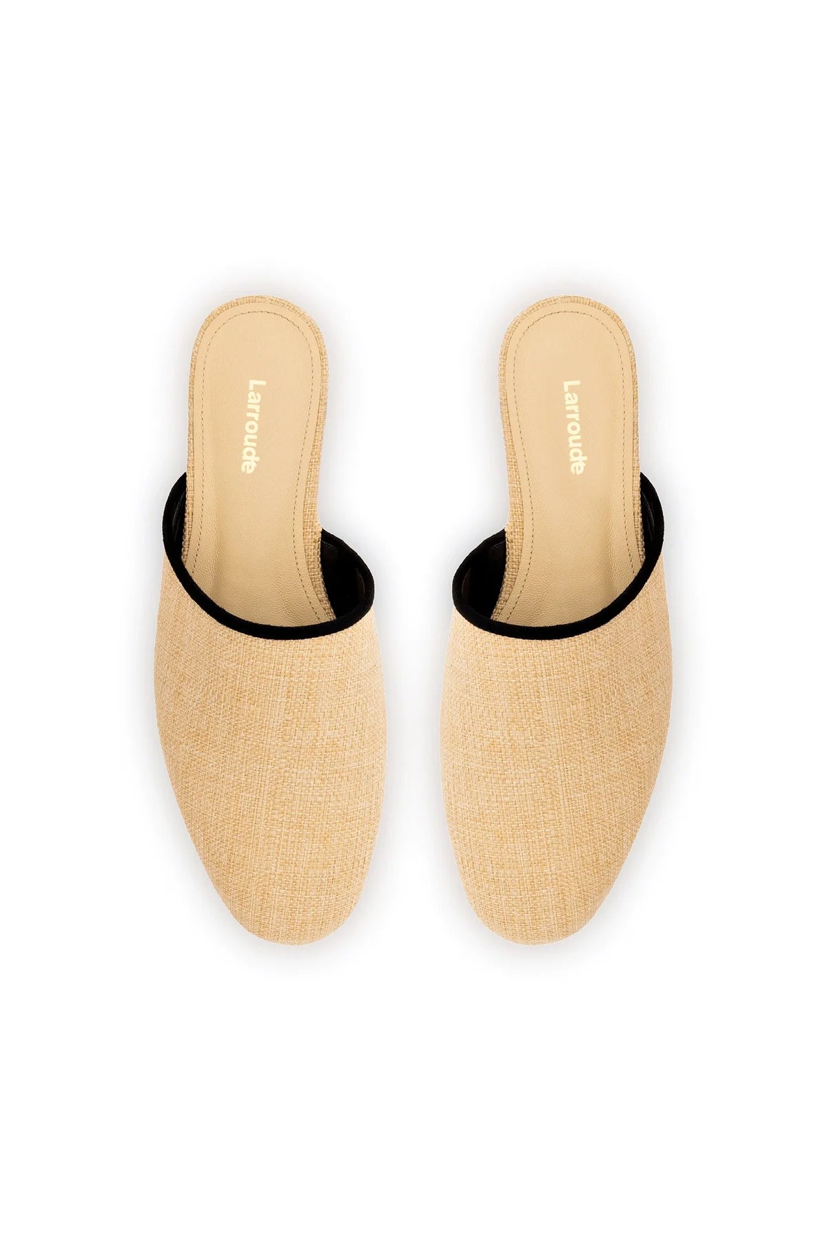 Larroude Venice Flat Mule In Beige Raffia and Black Trimming