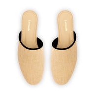 Larroude Venice Flat Mule In Beige Raffia and Black Trimming